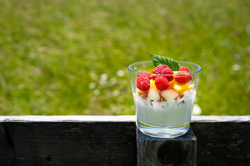 Appetizing healthy fruit yogurt in glass on wooden fence with green meadow in background