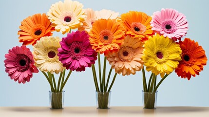 A group of vibrant gerbera daisies, each with its bold and cheerful color, gathered together to create a lively and cheerful composition