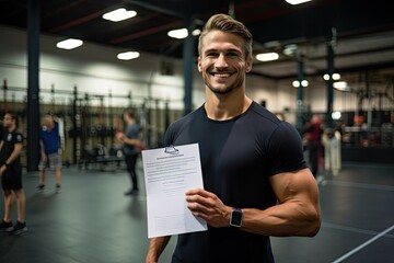 Portrait of workout personal trainer standing and looking camera with clipboard in fitness gym background.