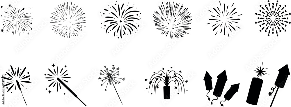 Wall mural fireworks, sparklers, and rockets vector set. perfect for new year’s eve, fourth of july, and other 