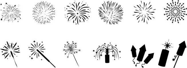 fireworks, sparklers, and rockets vector set. Perfect for New Year’s Eve, Fourth of July, and other celebrations. This  art collection will add a festive explosion to your holiday graphics.
