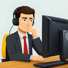Business Cartoon man bei der Arbeit ,Online am Computer mit Headset . KI Generated