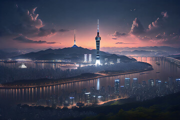 A night view of Seoul with the Han River, Namsan Tower, 63 Building, and LG Twin Towers. - obrazy, fototapety, plakaty