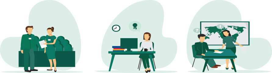 Office teamwork illustration set. Characters working busy people in office, company modern workplace interior with employees sitting tables and computers.