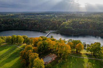 Fototapeta na wymiar Aerial sunny autumn fall view of Dubingiai, Asveja lake, Lithuania