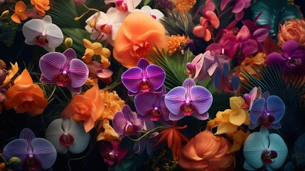 A mix of exotic orchids in various shapes and colors, intricately arranged to showcase their unique...