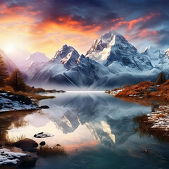 A large lake against the snow-covered mountains, early morning, magnificent feeling