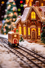 An illustration depicting a gingerbread train traveling on snow-covered rails through a village decorated in a festive theme. Generative AI