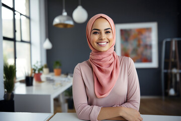 smiling young professional muslim woman in office portrait wearing pink sweater and hijab headscarf 	 - obrazy, fototapety, plakaty