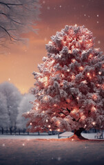 Christmas tree in the winter park. Snowfall. Beautiful winter background