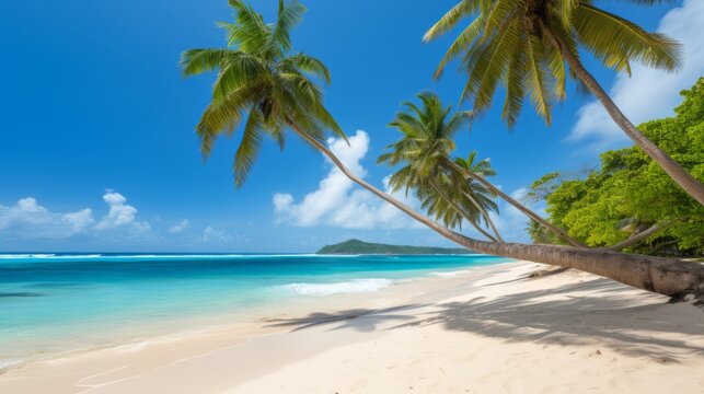 A sandy beach with palm trees swaying for a tropical escape