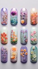 Nails esigns elevate your look with elegant and creative luxury. Flowers details gel polish. Nail art and design ideas. Light purple background