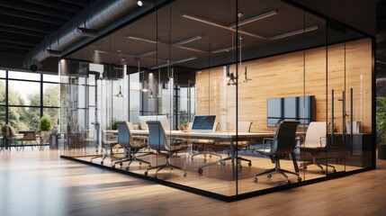 A sleek and modern office with glass walls for a professional look