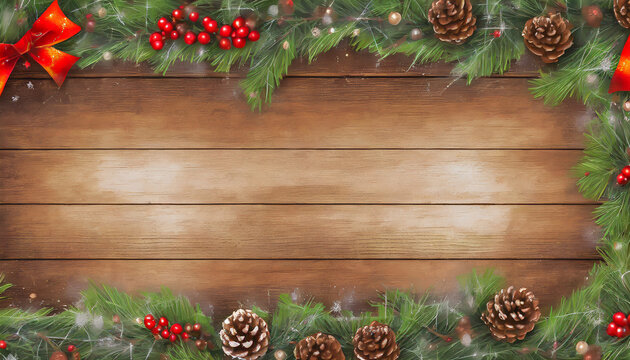 Brown wooden board, decorated with pine cones, pine branches, red berries. Christmas background.