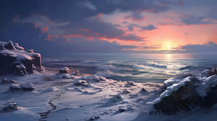 Wavy winter seas, snow-covered stones on the beach, sunset skies, a lonely atmosphere - obrazy, fototapety, plakaty
