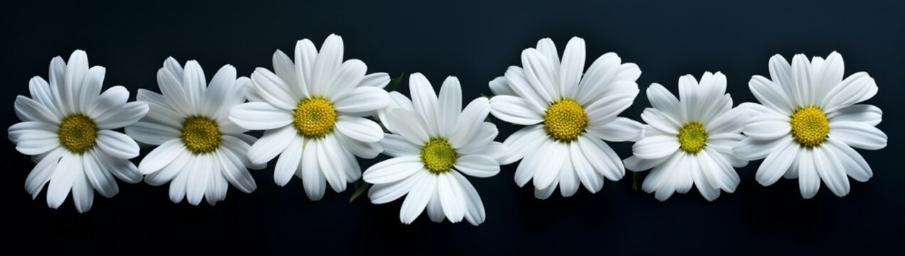 A selection of pristine white daisies grouped together against a stark black background, creating a minimalist and impactful composition