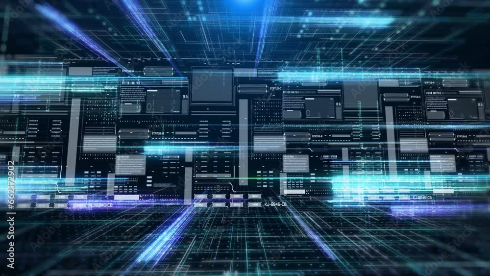 Poster HUD system panel with glow high speed line connections data analysis concept. Futuristic 4K motion interface for digital horizontal background.
