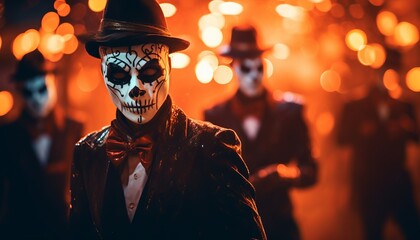 A halloween party with skull masked men in suit with bow tie, blurred orange lights in background
