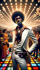 A cool black man from the 70s posing on the disco dance floor with crowd of dancers in background
