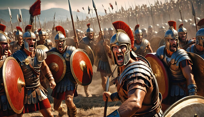 A determined Roman soldier defends with strength and courage. - obrazy, fototapety, plakaty