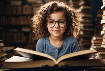 Portrait of cute little girl with glasses and curly hair reading book, surprised look, surrounded by huge stacks of books, library background, copy space text  - obrazy, fototapety, plakaty