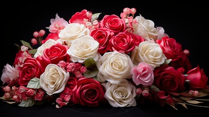 A symphony of red, pink, and white roses carefully arranged in a bouquet, conveying sentiments of love and romance