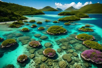 Generate an image of a remote island with a vibrant, bustling marine ecosystem visible through the clear, shallow waters
