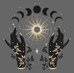 Magical moon phases, sun and woman hands. Gold and black colors. Alchemy esoteric magic space, vector isolated on gray background.