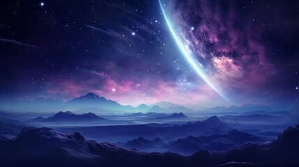 Surreal hyper space landscape with distant galaxies