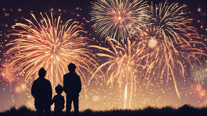 Fototapeta na wymiar a family watching fireworks in the sky