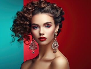 Brunette girl with perfect makeup. Beautiful model woman with curly hairstyle. Care and beauty hair 