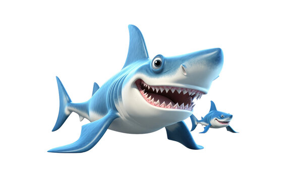 Attacking Beautiful Blue Hammerhead Shark 3D Cartoon Render Isolated on Transparent Background PNG.