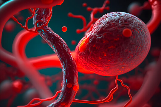 Blood vessel with an enlarged ball filled with blood, blood. A dangerous disease aneurysm, the threat of hemorrhage, heart attack, stroke. Splashes, drops, pressure. Abstract model. Generative AI