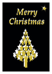 Vector template Christmas greeting card, black and gold card with Christmas tree