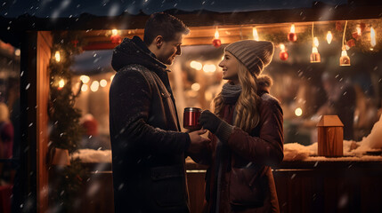 Fototapeta na wymiar Couple drinking, having fun at the Christmas Market in Winter