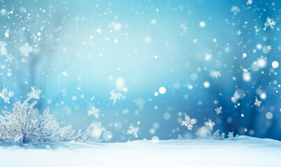 Bokeh-enhanced winter landscape with a blue snow background and sparkling details.