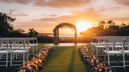 Romantic sunset setting for an outdoor wedding - obrazy, fototapety, plakaty