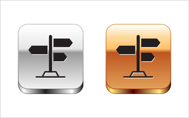 Obraz premium Black Road traffic sign. Signpost icon isolated on white background. Pointer symbol. Street information sign. Direction sign. Silver and gold square buttons. Vector