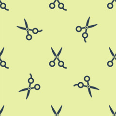 Blue Scissors hairdresser icon isolated seamless pattern on yellow background. Hairdresser, fashion salon and barber sign. Barbershop symbol. Vector