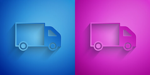 Paper cut Delivery cargo truck vehicle icon isolated on blue and purple background. Paper art style. Vector