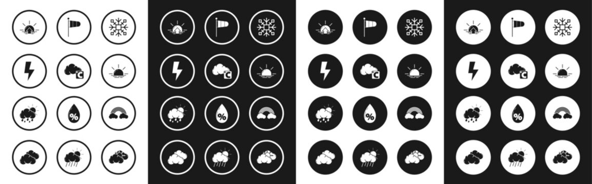 Set Snowflake, Celsius and cloud, Lightning bolt, Sunrise, Cone meteorology windsock wind vane, Rainbow with clouds and Cloud rain sun icon. Vector