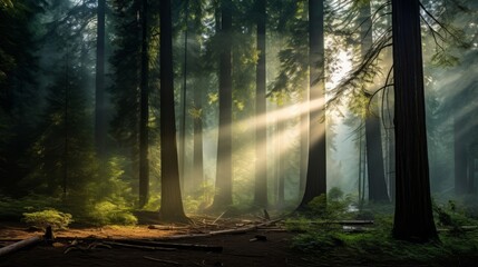 A mystical forest with ethereal light filtering through