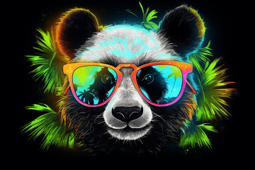 cute panda wearing glasses combination of neon lights, black background, 3d rendering, AI...
