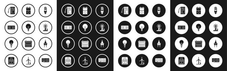Set LED light bulb, Light, Electrical outlet, Battery, Wind turbine, Car battery, plug and with concept of idea icon. Vector