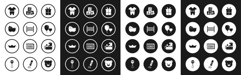 Set Gift box, Baby crib cradle bed, bathtub, clothes, Balloons in form of heart, ABC blocks, Toy train and Folded paper boat icon. Vector