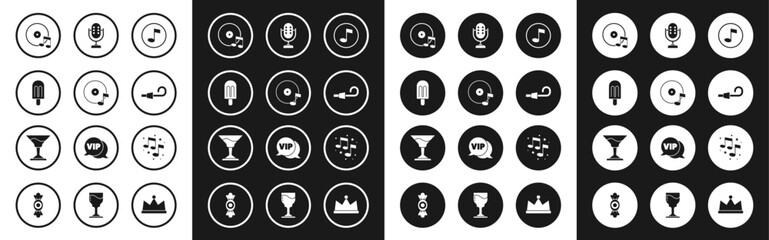 Set Music note, tone, Vinyl disk, Ice cream, Birthday party horn, Microphone, and Cocktail icon. Vector