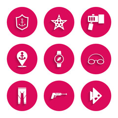Set Compass, Fishing harpoon, Glasses and cap, Wetsuit, Location with anchor, Flashlight and Anchor inside shield icon. Vector