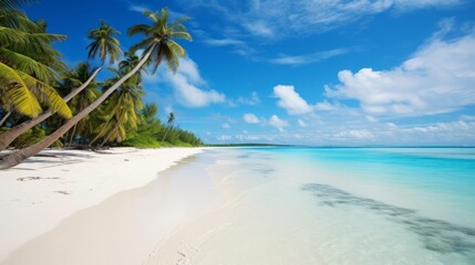 A tropical beach with white sands and turquoise waters