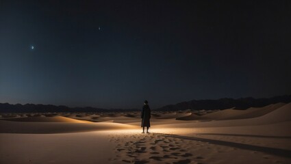 Person stand in the desert at night