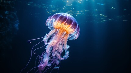 Glowing jellyfish in the depths of the ocean